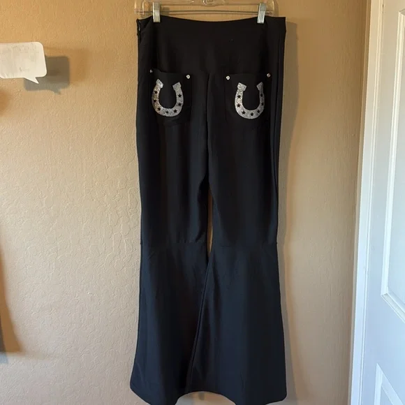 Spirit Women’s Bell Bottoms Black Pants Embroidery On Hem Large - Picture 7 of 14